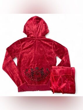 Juicy Couture Red and Black Scottie Velour Hoodie and Pants Tracksuit